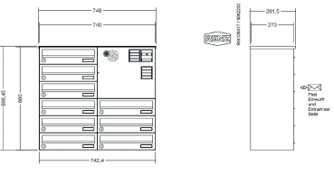 RENZ Briefkastenanlage, Aufputz, Classic Basic B, Edelstahl V4A, Kastenformat 370x110x270mm, mit Klingel - & Lichttaster und Vorbereitung Gegensprechanlage, 9-teilig